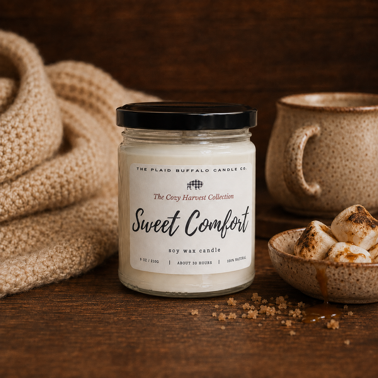 Sweet Comfort soy candle by Plaid Buffalo Candle Co. displayed with a cozy knit blanket, ceramic mug, and toasted marshmallows.
