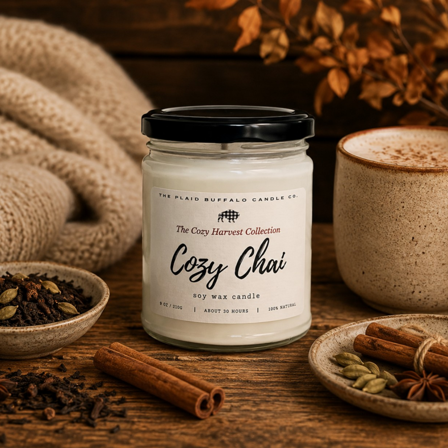 Cozy Chai soy candle by Plaid Buffalo Candle Co. displayed with a knit blanket, ceramic mug, cinnamon sticks, cardamom pods, and loose chai spices.
