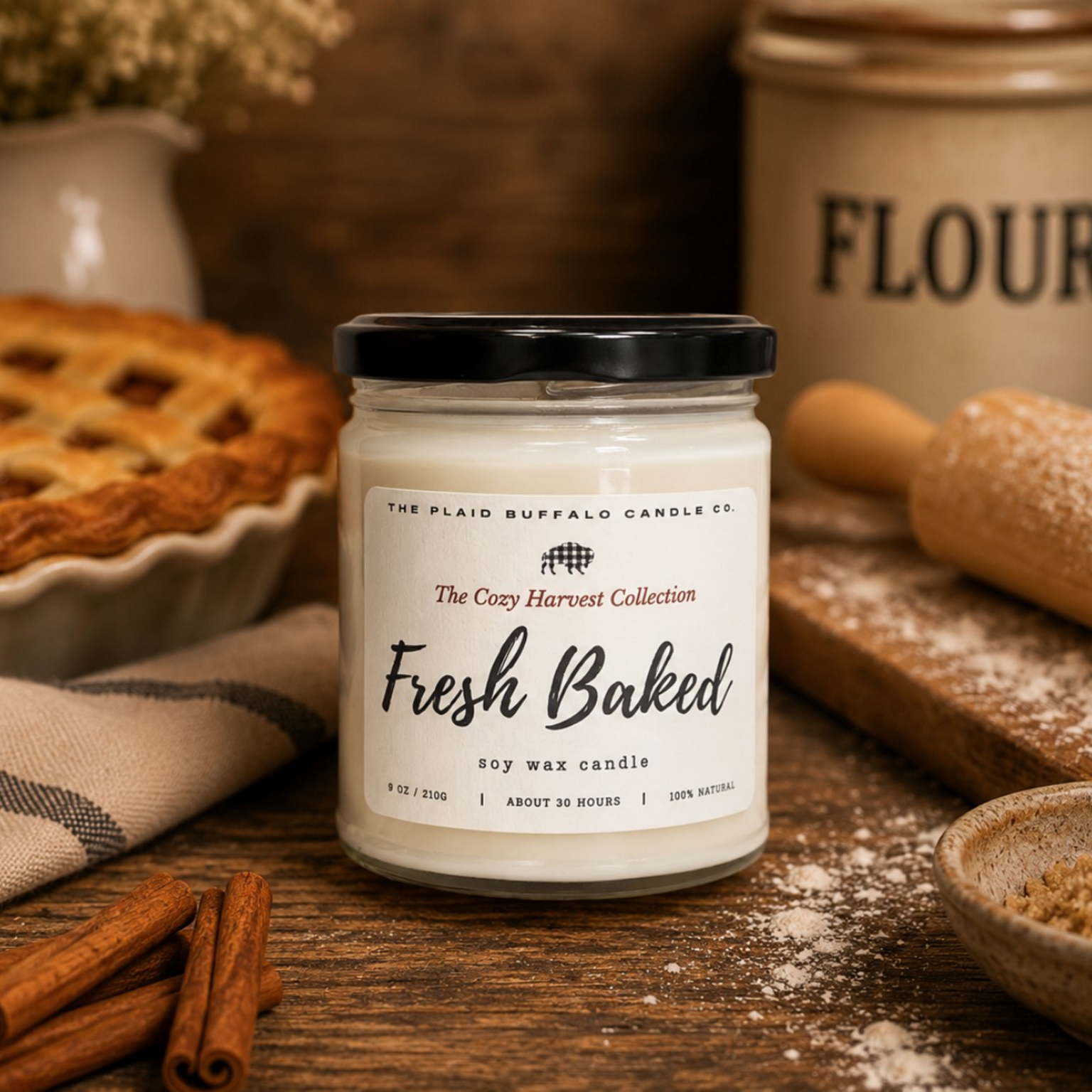 Fresh Baked soy candle by Plaid Buffalo Candle Co. displayed in a cozy fall baking scene with apple pie, cinnamon sticks, flour, and a rolling pin.
